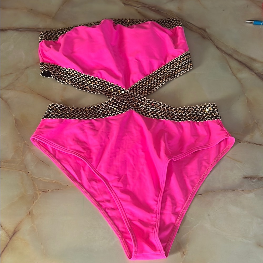 Pink and Black Cutout Swimsuit